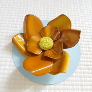 Vintage Mustard Brown Enamel Flower Brooch, 2 5/8, large, mint